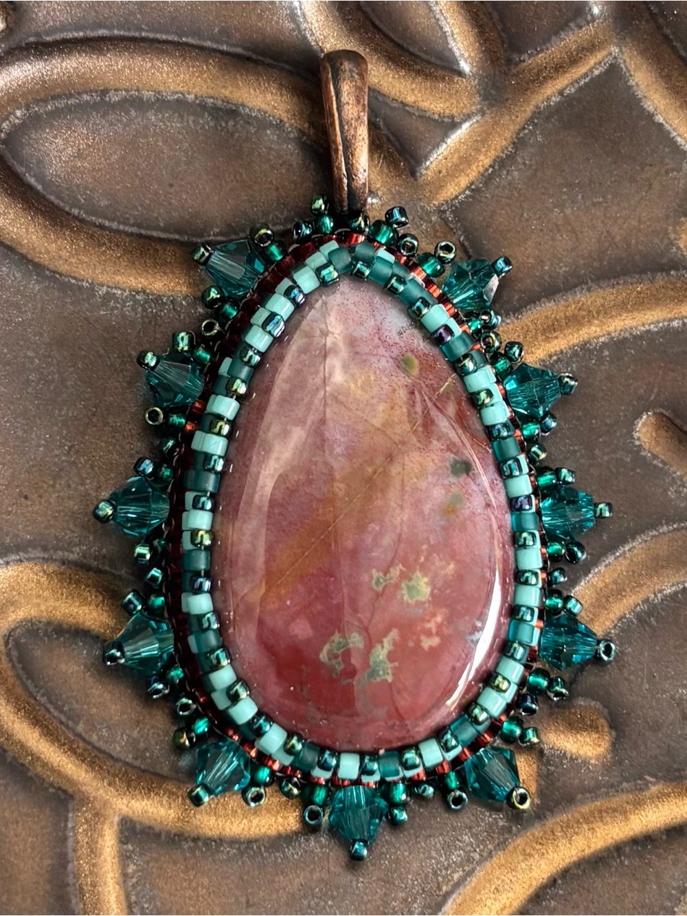 Handmade Boho Beaded Bloodstone Gemstone Teardrop Pendant